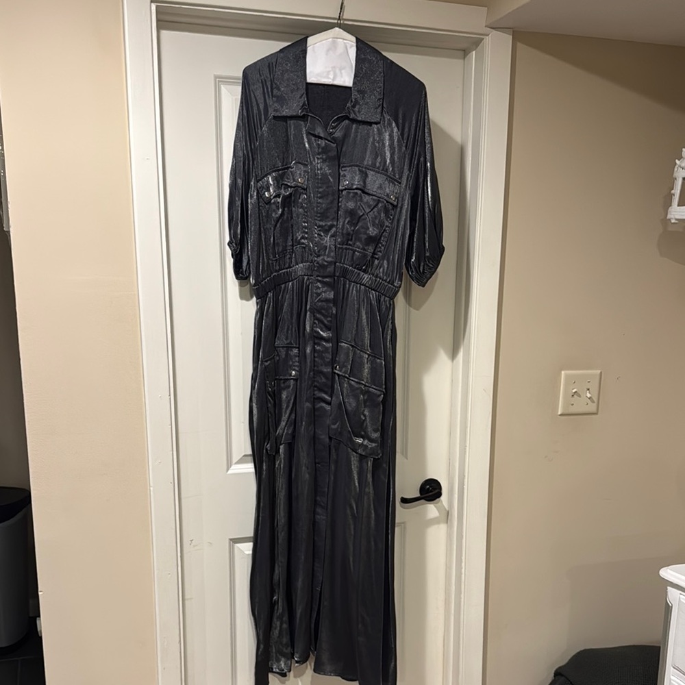 Anthropologie Black Maxi Shirt Dress Metallic